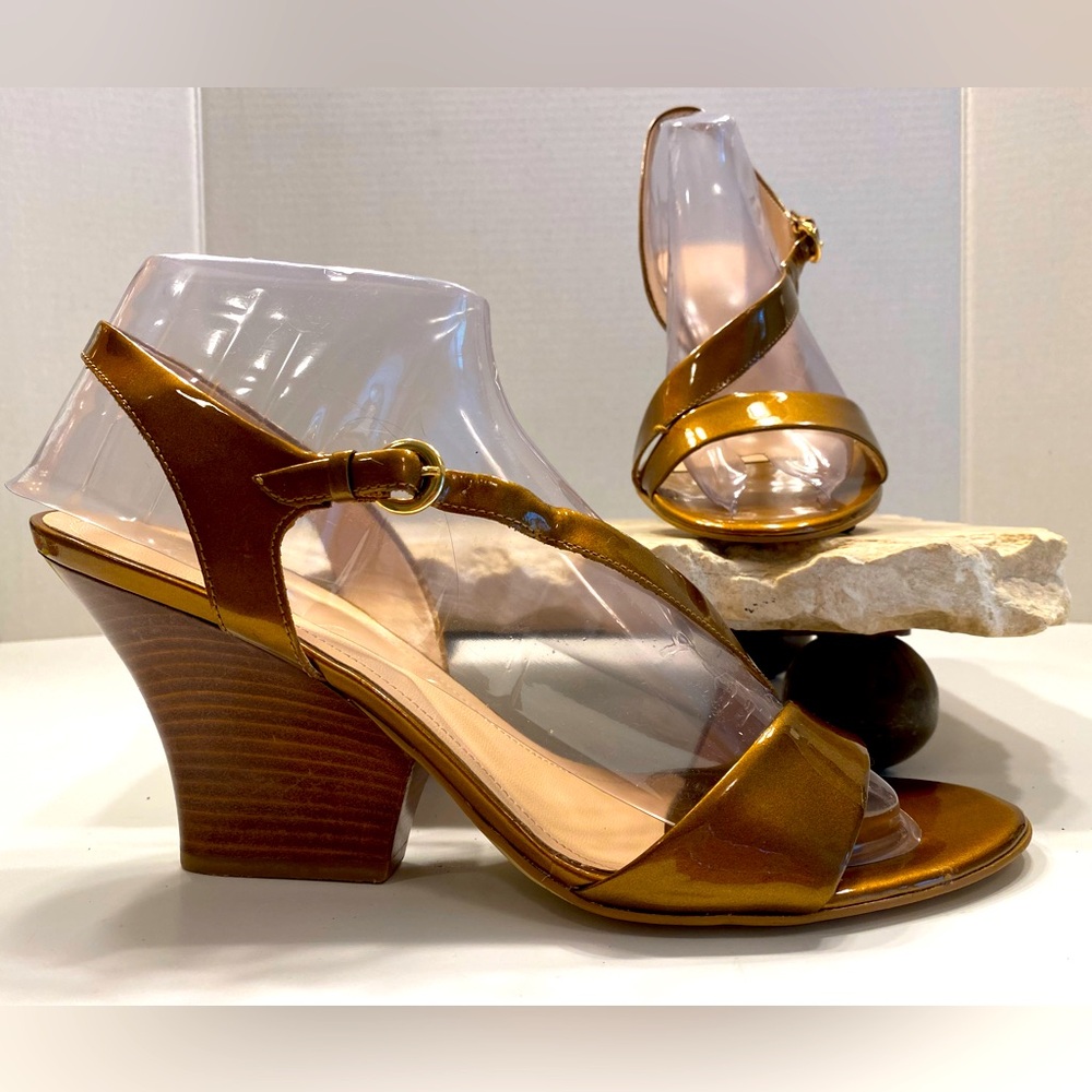 Sz 11 Franco Sarto Bronze Patent Leather Strappy Heeled Sandals